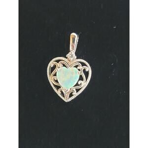 Vintage Sterling Silver 925 JC Heart Pendant Greenish Iridescent Opal